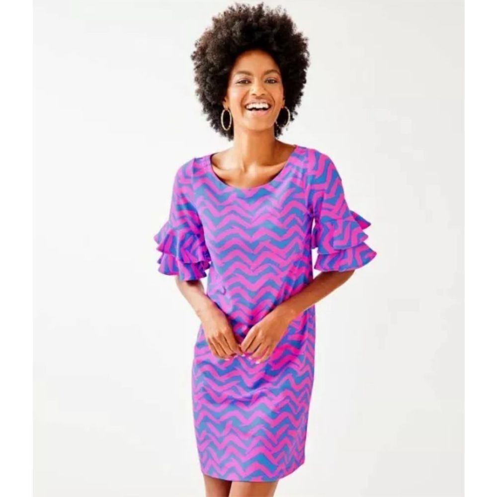 Lilly Pulitzer Lula Dress Bennet Blue Pop Up I Got Lucky Rayon Ruffle Sleeve